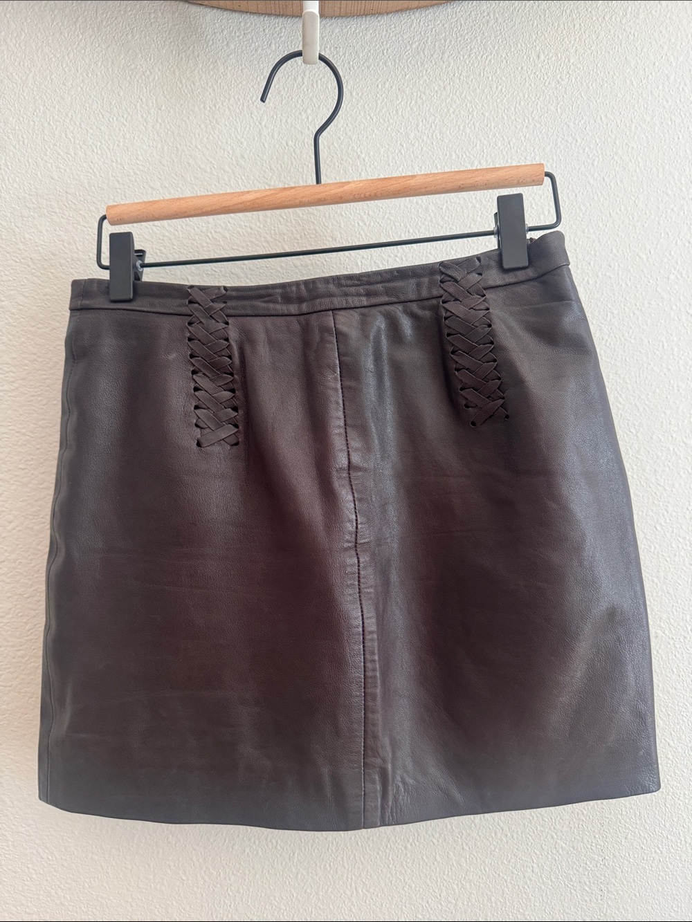Marciano Dark Brown Leather Mini Skirt with Braided Loop Detail